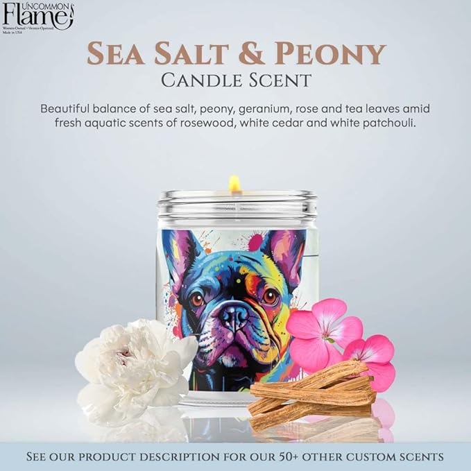 100% Handmade Non-toxic Soy Wax Candle, Floral Beachy Scent, 120hr Burn, Soot Free, Cotton Wick, 16 oz - Gift for Dog Moms & Dads, French Bulldog Lovers (Frenchie, Sea Salt & Peony)