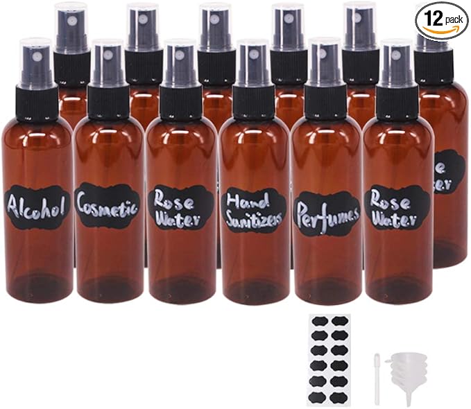12 Pack 3.3 oz Fine Mist Spray Bottle Amber Plastic Spray Bottles For Essential Oils, Perfumes, Alcohol, Travel Bottle, Refillable Containers with Funnels, Chalk Labels, Pen