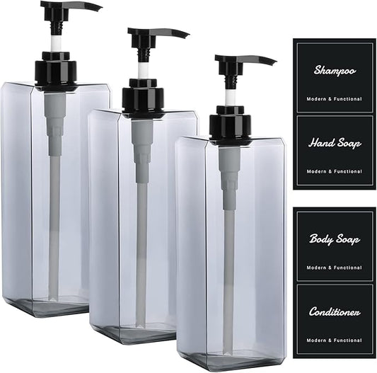 Suream 33.8oz Refillable Shampoo Bottles for Shower, 3Packs 1000ml Large Empty Pump Dispenser with 4PCS Lables for Shampoo, Body Soap, Hand Soap, Conditioner, for Bathroom, Kitchen, Hotel, Salon, SPA