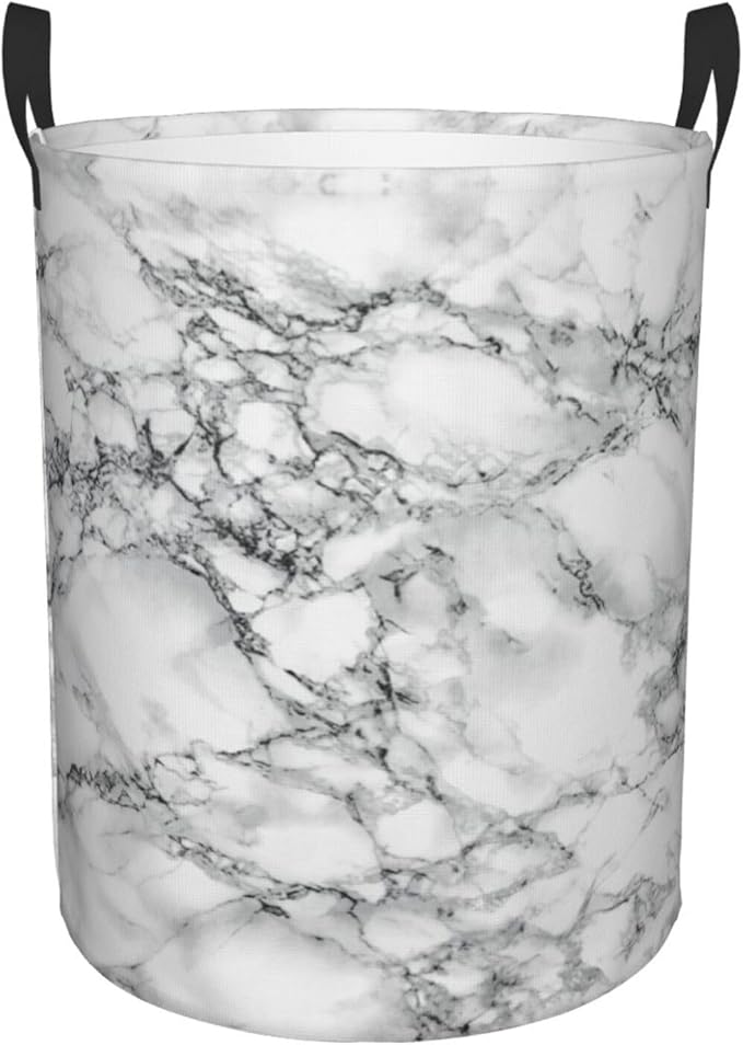 Black And White Marble Laundry Hamper Bag With Waterproof Liner - Round Laundry Basket Foldable Clothes Storage Organizer For Bathroom Bedroom Nursery Dorm, S-16.5"X 13.8"