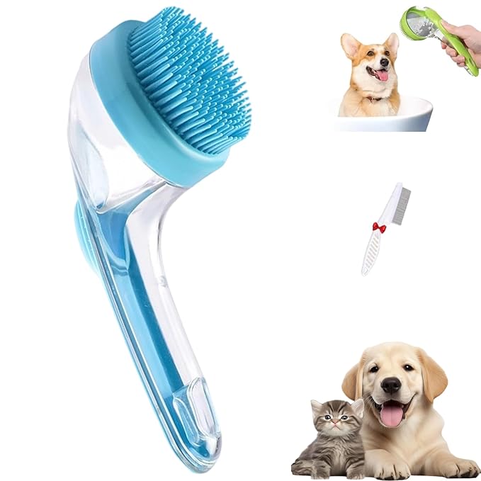 Pets Bath Brush, Soft Silicone Deep Cleaning Scrubber with Built-In Shampoo Dispenser, 2 in 1 Dog Grooming Massage Brush for Dogs Cats (Blue)