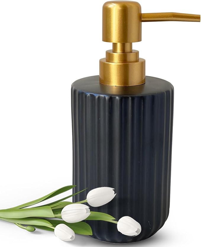 Ceramic Hand Soap Dispenser with Plastic Pump, Simple Style Gold and Black Cylindrical Dispenser