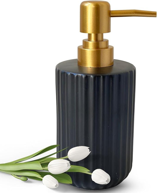 Ceramic Hand Soap Dispenser with Plastic Pump, Simple Style Gold and Black Cylindrical Dispenser
