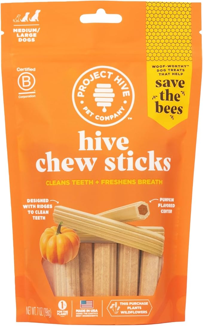 Hive Pumpkin Dental Treats for Dogs — Healthy, Vegetarian, Natural Pumpkin and Honey Flavor, Vegetarian Chews, Made in The USA (Chew Sticks, Large Breeds)-Clean Teeth and Freshens Breath