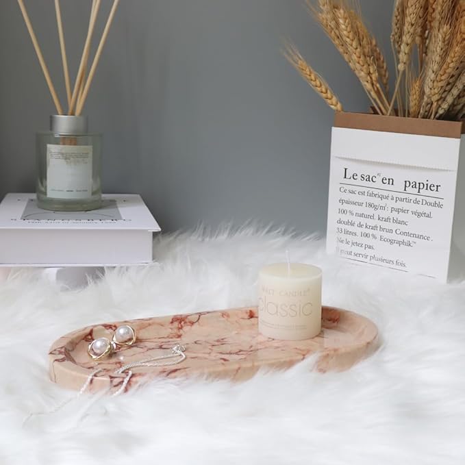 Natural Marble Tray, Oval Vanity Decorative Tray for Bathroom Counter, Countertop Stone Organizer, Catchall Tray for Kitchen, Perfume, Candles, Jewelry Dish Decorative Tray