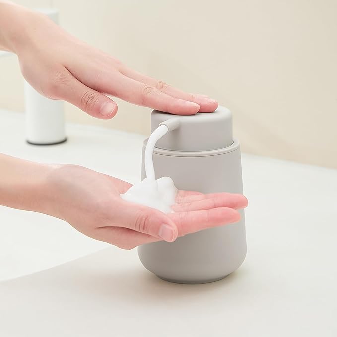 Matte Beige Foaming Hand Soap Dispenser Plastic 11 oz - Modern Minimalist Style for Bathroom & Kitchen Countertop Refillable