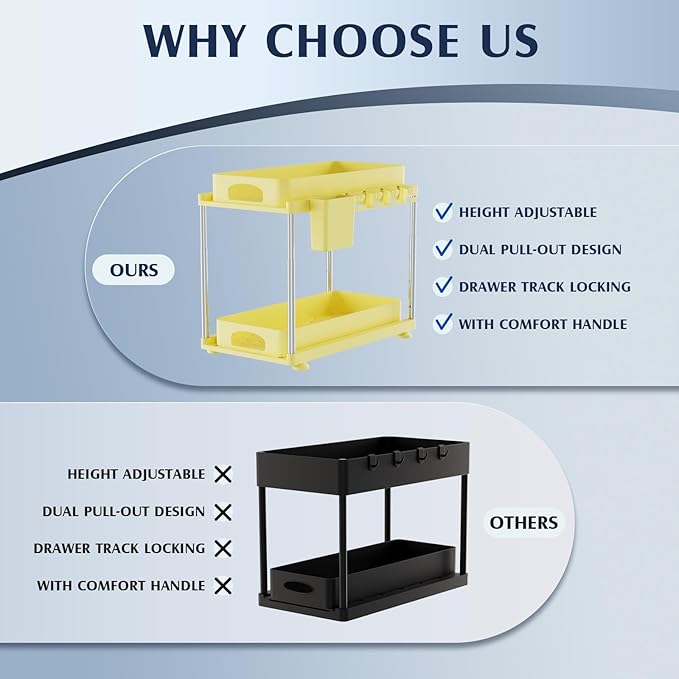 2 Pack Under Sink Organizers and Storage, Height Adjustable Bathroom Cabinet Organizer, 2 Tier Under Sink Organizer with Hooks, Under Cabinet Organizer for Kitchen Bathroom (Yellow