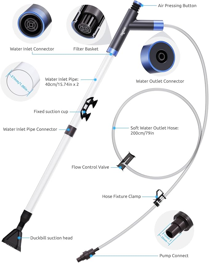 Aquarium Siphon Pump Gravel Cleaner, Fish Tank Vacuum Gravels Cleaning Kit, Manual Water Changer with Air Push Button, Aquariums Sand Clean Set, Hose for Suck Manure Wash Sand