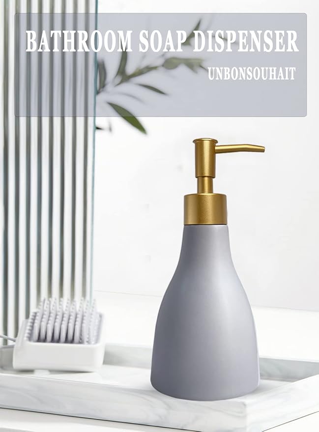 280ml Liquid Soap Dispenser for Bathroom with Gold Pump，Dish Soap Dispenser for Kitchen，Refillable Countertop Lotion Ceramics Gray Hand Soap Dispenser for Shower