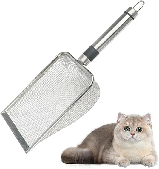 Integrated Metal Cat Litter Scoop, Stainless Steel Mesh Litter Scoop, Long Handle Cat Scooper, Poop Sifting Mesh Litter Deep Shovel, Cat Litter Scooper for Litter Box/Reptile Terrarium Sand Waste