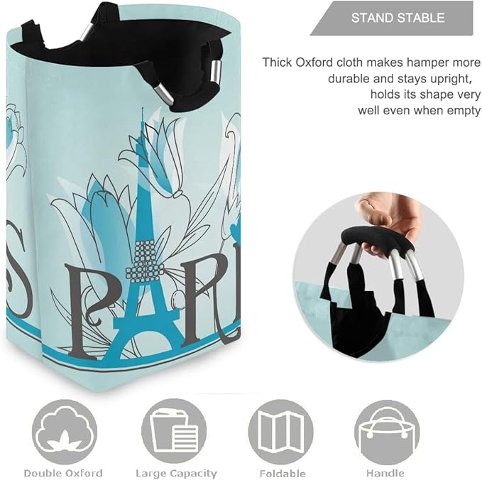 visesunny Paris Letters Blue Pattern Large Laundry Hamper with Handle Foldable Durable Clothes Hamper Laundry Bag Toy Bin for Bathroom, Bedroom, Dorm, Travel