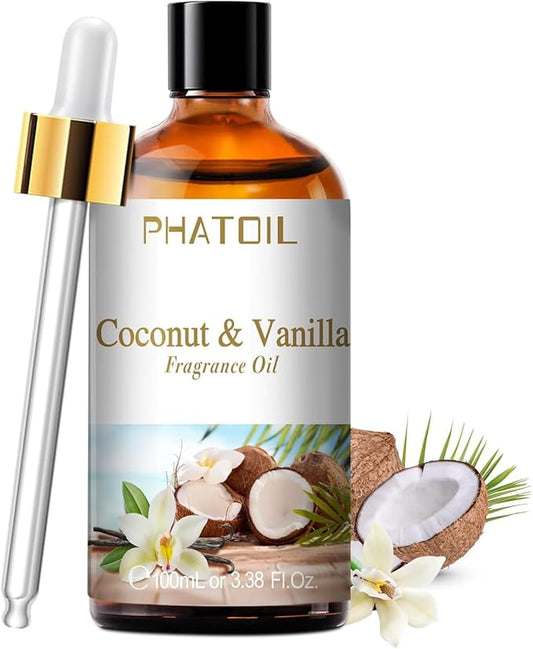100ML/3.38fl.oz Coconut & Vanilla Fragrance Oils, PHATOIL Coconut & Vanilla Oil for Diffuser, Humidifier, Scented Oils for DIY Soap, Candle Making with Premium Glass Dropper