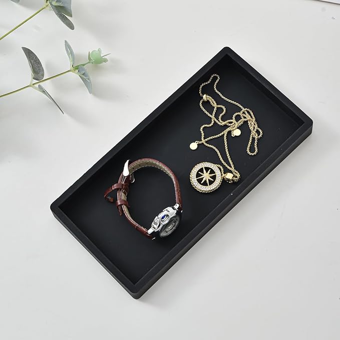 2PCS 11.8” L x 5” W Silicone Soap Dispenser Tray, Bathroom Sink Vanity Trays for Dresser Tops, Toilet, Small Black Tray for Scrubber, Lotion Bottles, Perfume, Jewelry, Candle, Key Trinket Ring-Black