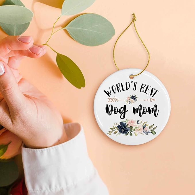 World's Best Dog Mom Ceramic Ornaments Gifts, Dog Mother Round Hanging Ornament Decor Decorations for Christmas Tree Car, Thank You Appreciation Gifts for Dog Lovers Women Birthday Holiday