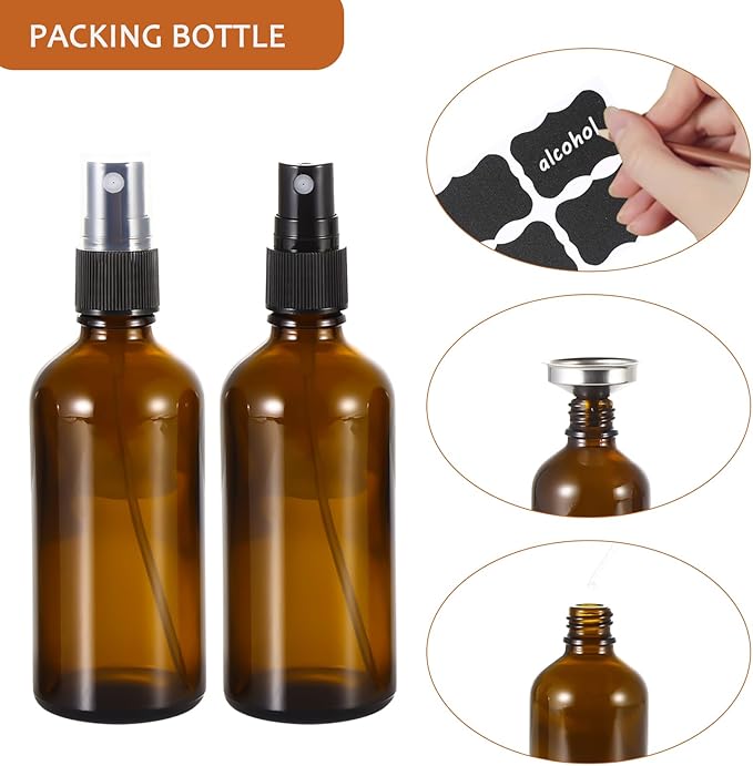 3.4 oz Amber Glass Spray Bottles,Empty Fine Mist Refillable Travel Spray Bottle for Cleaning,Perfume,Aromatherapy,Cosmetic Sprays,Hair,Essential Oils with Fine Mist Dispenser（6 Pack）