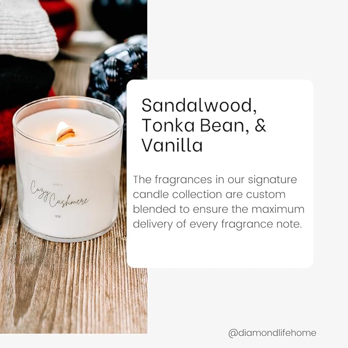 Home Cozy Cashmere Sandalwood & Vanilla Luxury Scented Soy Candle - Fall & Year Round Fragrance/9oz Clear Jar /65 Hour Burn Time/Made in The USA