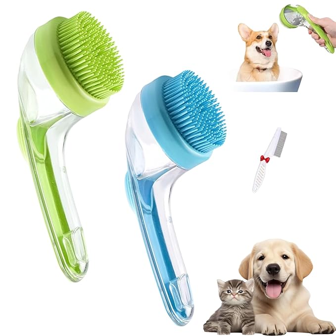 Pets Bath Brush, Soft Silicone Deep Cleaning Scrubber with Built-In Shampoo Dispenser, 2 in 1 Dog Grooming Massage Brush for Dogs Cats (2Pcs, E)