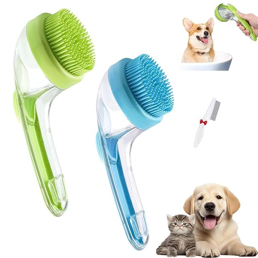 Pets Bath Brush, Soft Silicone Deep Cleaning Scrubber with Built-In Shampoo Dispenser, 2 in 1 Dog Grooming Massage Brush for Dogs Cats (2Pcs, E)