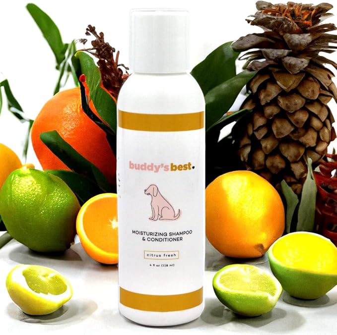 Buddy’s Best 4oz Travel-Size Dog Shampoo and Conditioner with Shea Butter, Oatmeal, Biotin, and Aloe Vera, Alcohol-Free Deep Moisturizer for Dry, Itchy Skin and Coats (Citrus Fresh)