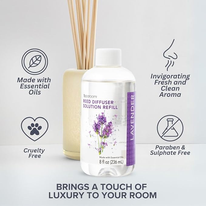 SpaRoom Reed Diffuser Oil Refill – Lavender Scent, 8oz Bottle for Home Fragrance, Calming and Relaxing Blend for Bedroom, Bathroom, or Office, Long Lasting Air Freshener, Aromatherapy Use