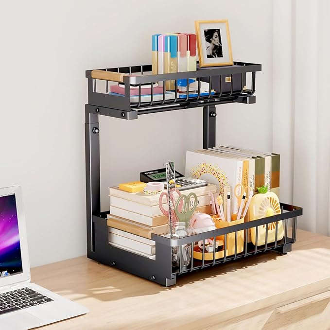 Under the Sink Organizer Kitchen , 2 Tier Large Pull Out Under Sink Organizer with Adjustable Height, Metal Under Cabinet Organizer and Storage for Counter Bathroom Vanity Laundry, Black 2 Packs