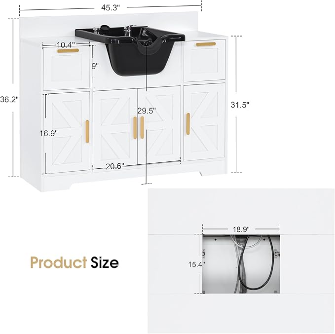 BarberPub Portable Shampoo Station, Shampoo Bowl with Cabinet & Drawer, Salon Geometric Finish Station with Sprayer Faucet, Barber Storage Equipment with Hair Wash Backwash Sink 3439 (White & Black)