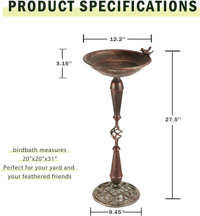 27.5’’H Cast Iron Pedestal Bird Bath，Metal Bird Bath for Outdoor，Vintage Metal Bird Bath Garden Decoration