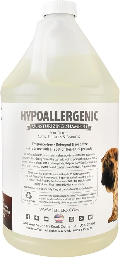 Jeffers Hypoallergenic Shampoo for Dogs, Cats, and Small Pets 1 Gallon – Tearless, Soap Free, Moisturizing Formula with Aloe Vera, Vitamins A, D & E – Gentle for Sensitive Skin – Made in USA