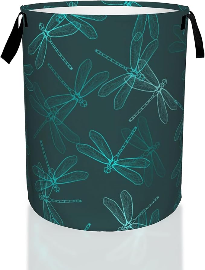 Dragonfly Green Laundry Basket,Waterproof Foldable Laundry Hamper,Dirty Clothes Laundry Basket, Linen Bin Storage Organizer for Toy Collection 16" x 20"