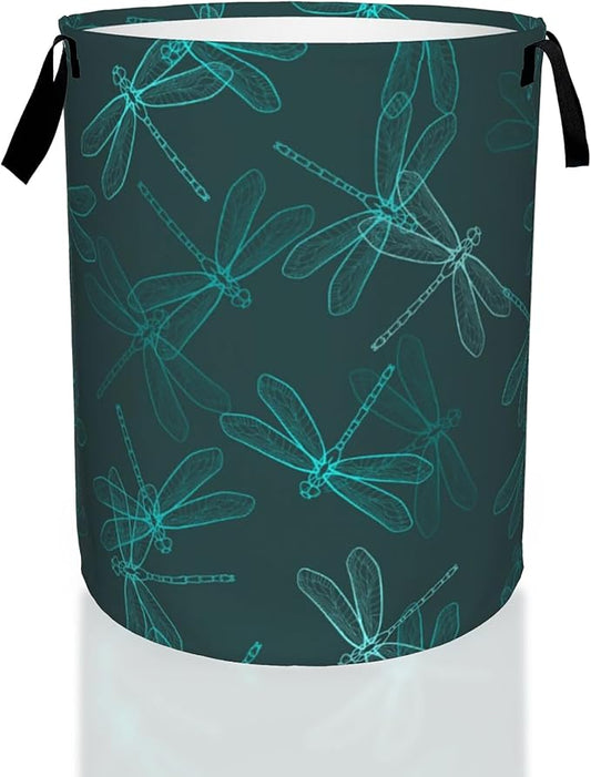 Dragonfly Green Laundry Basket,Waterproof Foldable Laundry Hamper,Dirty Clothes Laundry Basket, Linen Bin Storage Organizer for Toy Collection 16" x 20"