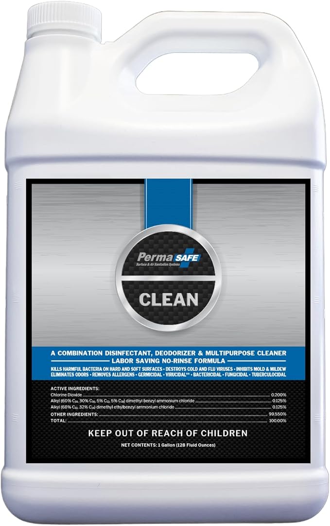 PermaSafe CLEAN, All-Purpose Hospital Disinfectant Cleaner; No Rinse, Hard, Soft & Food Contact Surface Sanitizer; Mold, Mildew and Fungi Killer; Odor Eliminator; Allergen Remover & More (128 Fl Oz)