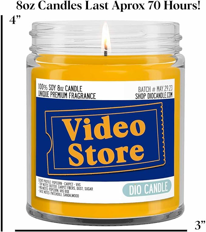 Video Store Scented Candle - Smells Like Popcorn, Carpet, VHS Tapes - 100% Naturally Vegan Soy and Premium Fragrance | Great Gift | Recyclable Glass Jar | Handmade in Denver, Colorado (8oz Glass Jar)