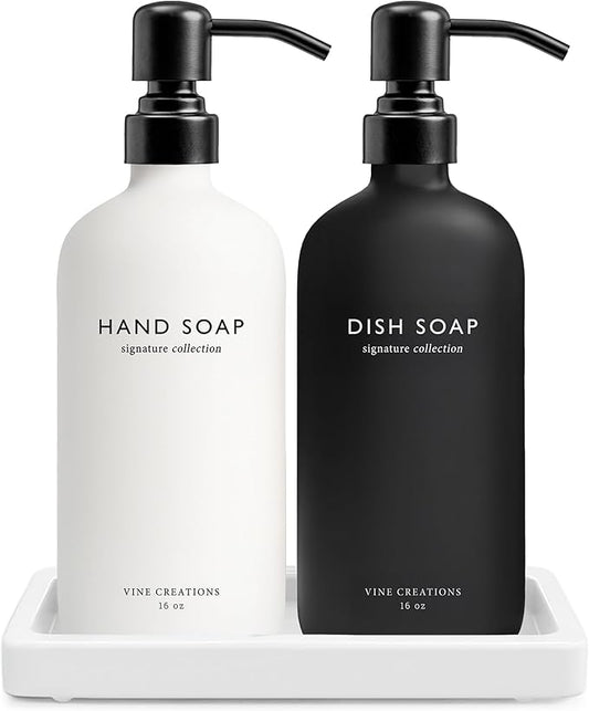 Vine Creations Glass Soap Dispenser Set, Kitchen Soap Dispenser Set with Ceramic Tray, 16 oz Dish Soap and Hand Soap Dispensers with Stainless Steel Pump Decor (White and Black Bottles/Matte Black)