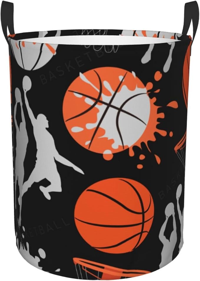 Basketball Sport Theme Laundry Hamper Bag With Waterproof Liner - Round Laundry Basket Foldable Clothes Storage Organizer For Bathroom Bedroom Nursery Dorm, S-16.5"X 13.8"