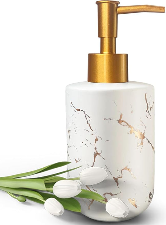 Gold Ceramic Soap Dispenser with Marble Pattern - Liquid Hand Soap Dispenser Pump Bottle (White)