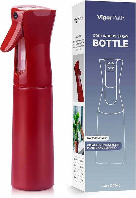 VIGOR PATH Continuous Spray Bottle for Hair – Fine Mist Mister for Hairstyling, Cleaning, Plants, Pets, Barbers, Salons, and Essential Oil Applications (300ml/10.1 oz) Red