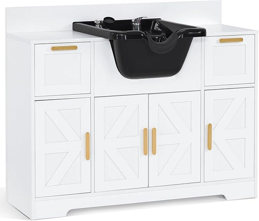 BarberPub Portable Shampoo Station, Shampoo Bowl with Cabinet & Drawer, Salon Geometric Finish Station with Sprayer Faucet, Barber Storage Equipment with Hair Wash Backwash Sink 3439 (White & Black)