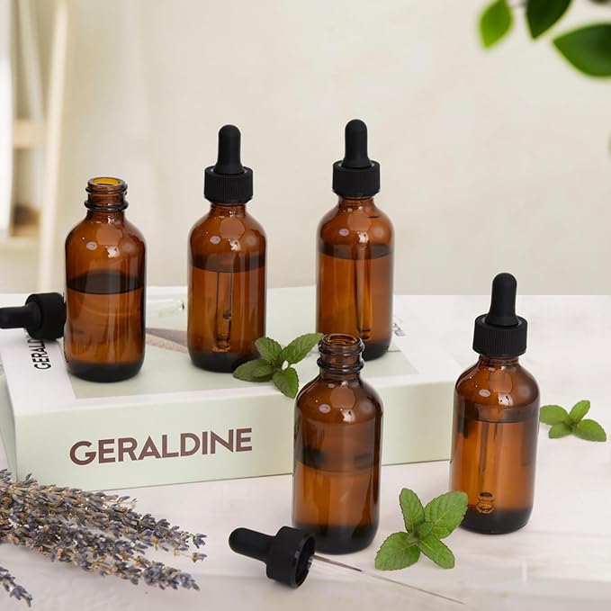 June Fox 40 Pack 2oz Amber Glass Dropper Bottles with Glass Droppers and Black Cap for Essential Oils, Lab Chemicals, Perfumes