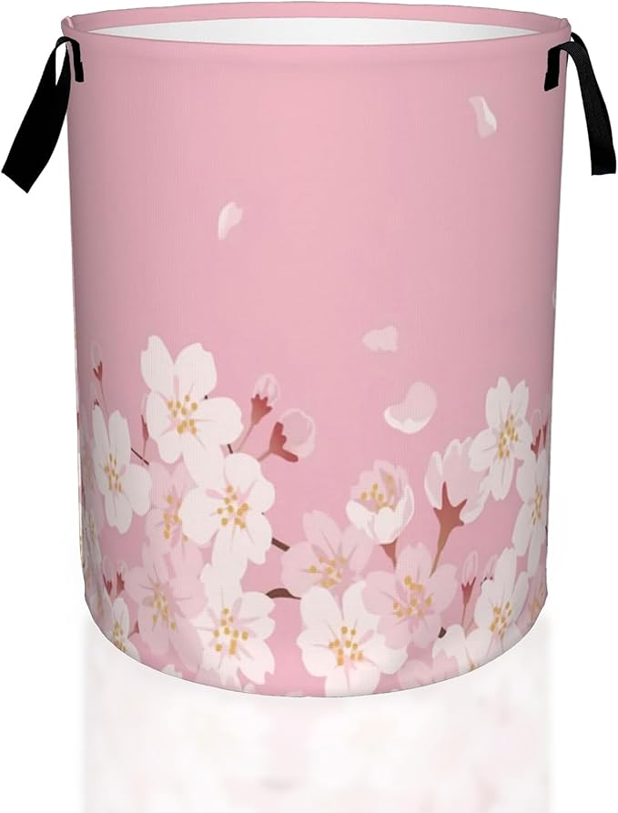 Japanese Cherry Blossom,Pink Flowers Laundry Basket,Waterproof Foldable Laundry Hamper,Dirty Clothes Laundry Basket, Linen Bin Storage Organizer for Toy Collection 16" x 20"