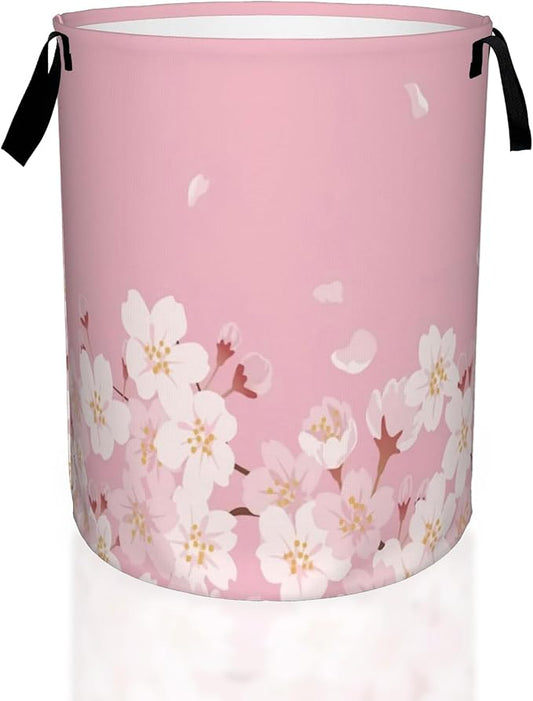Japanese Cherry Blossom,Pink Flowers Laundry Basket,Waterproof Foldable Laundry Hamper,Dirty Clothes Laundry Basket, Linen Bin Storage Organizer for Toy Collection 16" x 20"