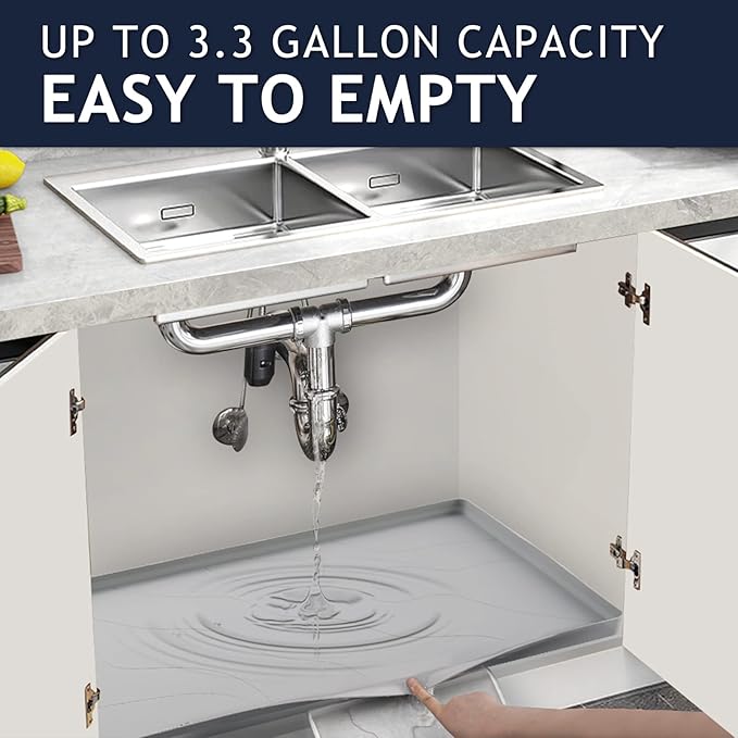 Heavy Duty Silicone Under Sink Mats for Kitchen Waterproof 31" x 22", Extra Thick Under Sink Rubber Mat Drip Tray, Raised Edge Under Sink Liner,Prevent Drips, Leaks, Spills,Grey