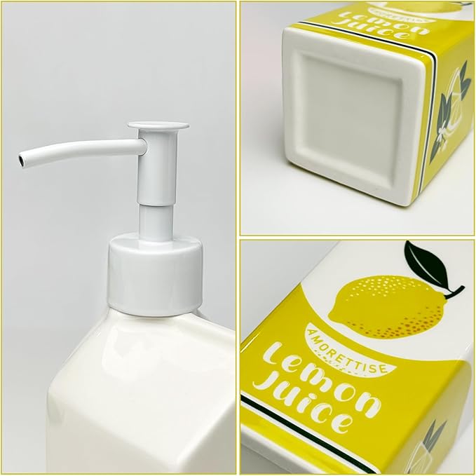 Ceramic Lemon Juice Soap Dispenser, Liquid Hand Soap Pump, Refillable Lotion Bottle for Bathroom Kitchen Dish Soap (Lemon)
