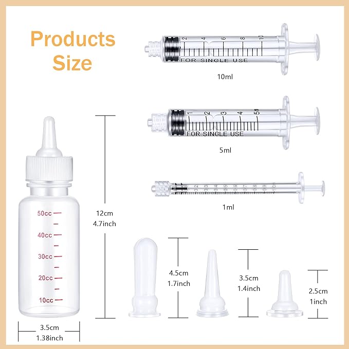 17 Pieces Pet Nursing Bottle Kit Including 2 Pet Feeding Bottle, 8 Replacement Feeding Nipples, 5 Dog Nursing Syringes in 1 Ml, 5 ml and 10 Ml, 2 Cleaning Brushes for Kittens, Puppies, Rabbits