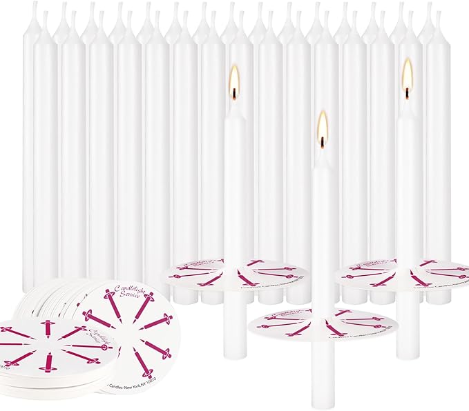 50 Church Candles with Drip Protectors for Devotional Candlelight Vigil Service, Box of 50 Candles, Unscented White 5" H X 1/2" D, No Smoke