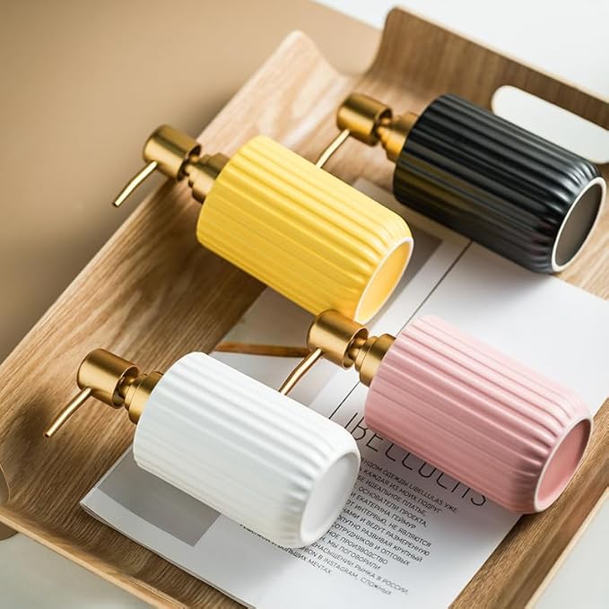 Chic Cylinder-Shaped Soap Dispenser, Vertical Stripe Design with Gold Pump, Ceramic Lotion Dispenser(Black)