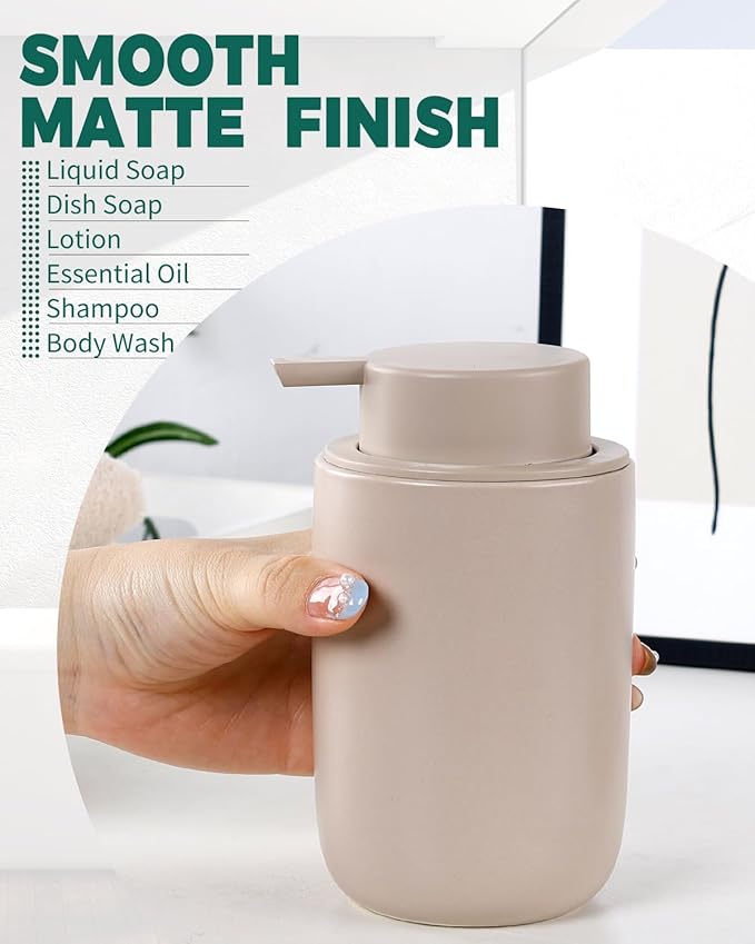 BosilunLife Lotion Pump Dispenser - Matte Khaki Soap Dispenser Bathroom Ceramic Dish Liquid Soap Dispenser for Kitchen, Bathroom Countertop Soap Dispensers (Khaki, Liquid Pump)