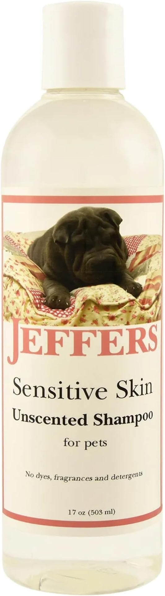 Jeffers Pet Sensitive Skin Shampoo for Dogs & Cats, Unscented Hypoallergenic Pet Wash, Gentle Grooming Shampoo for Puppies & Kittens, No Dyes or Fragrance, Made in USA, Soft Coat Care - 17 oz