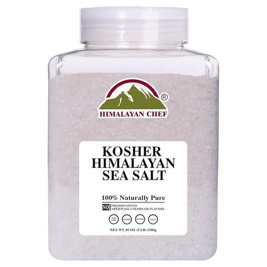 Himalayan Chef Kosher Sea Salt – Full Flavor, No Additives, unrefined and Less Sodium - Natural and Organic - 5 Pound Plastic Jar, Kosher & Non GMO Certified