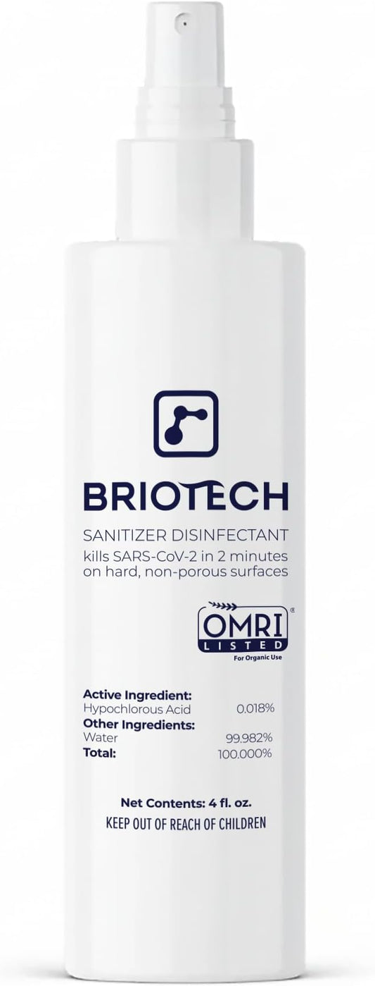 BRIOTECH Sanitizer Disinfectant Hypochlorous Spray, Kill 99.99% of Viruses & Bacteria, Control Mold, Eliminate Odor, Gentle for Nursery & Play Rooms, Food Contact Surface Sanitizer, 4 fl oz