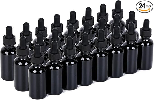 2 oz UV Resistant Dropper Bottle 24 Pack Black Glass Boston Bottles 60ml with Eye Droppers Black Caps for Essential Oils, Perfume, Leak Proof Travel Bottles for Liquids